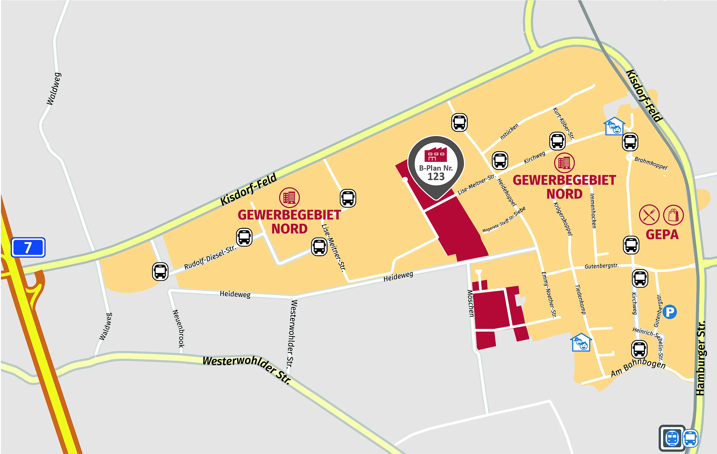Die Verortung des Gewerbegebietes Lise-Meitner-Straße (B-Plan Nr. 123).