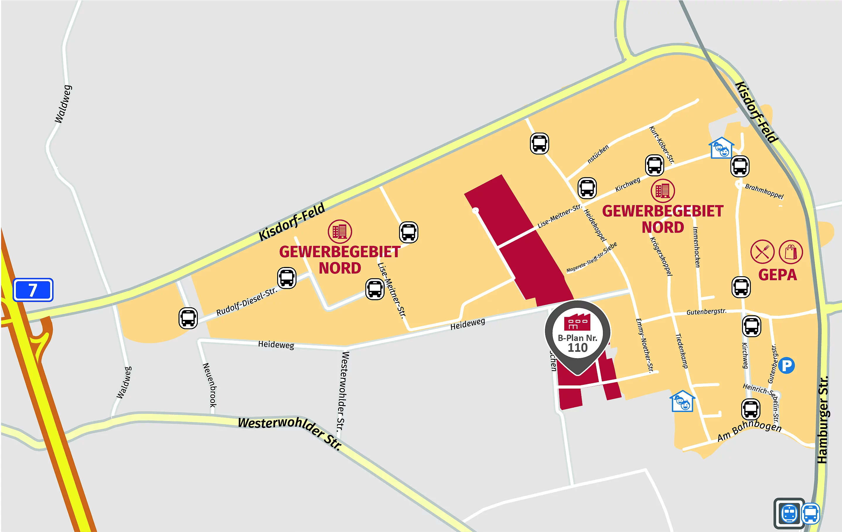 Die Verortung des Gewerbegebietes Emmy-Noether-Straße (B-Plan Nr. 110).