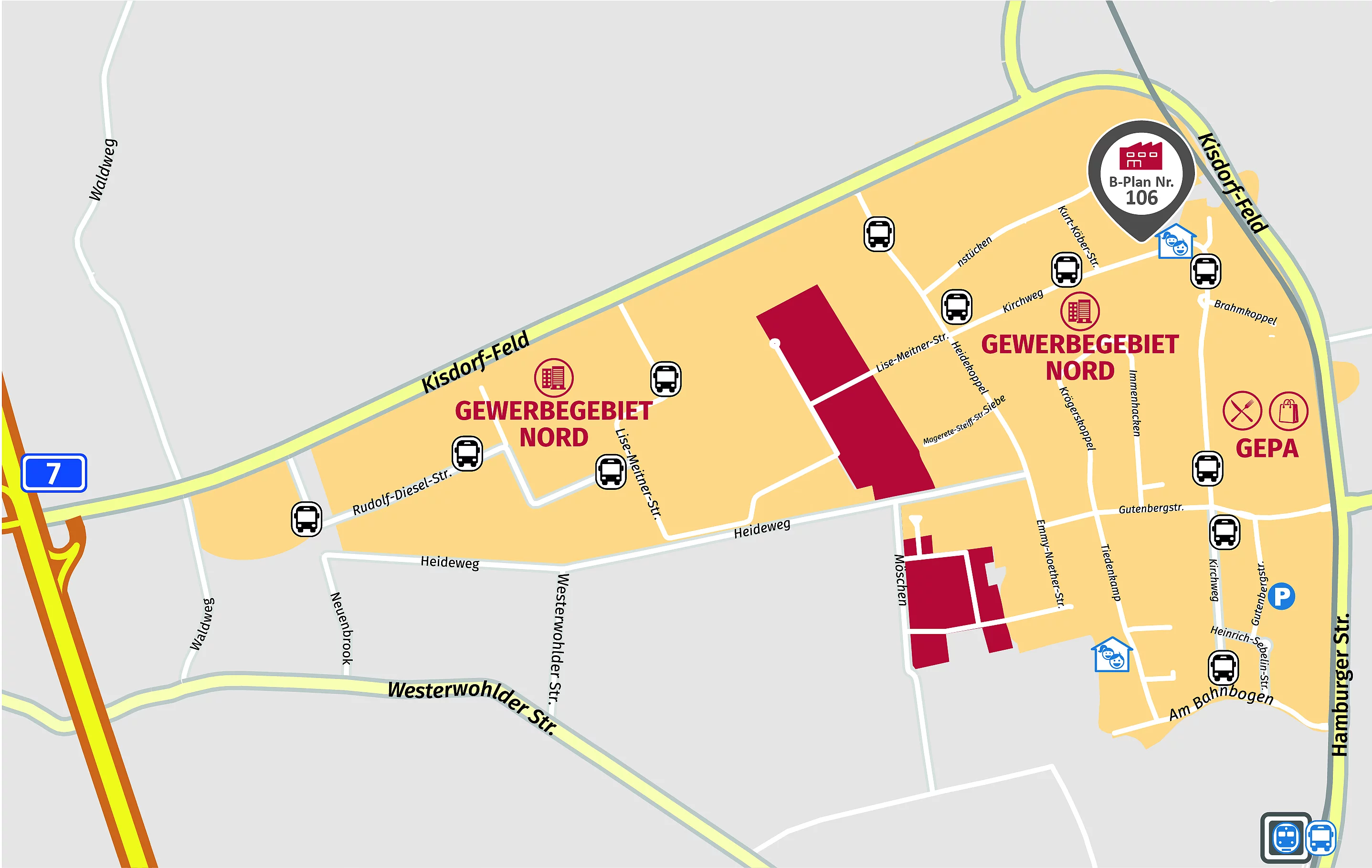 Die Verortung des Gewerbegebietes Kirchweg (B-Plan Nr. 106).