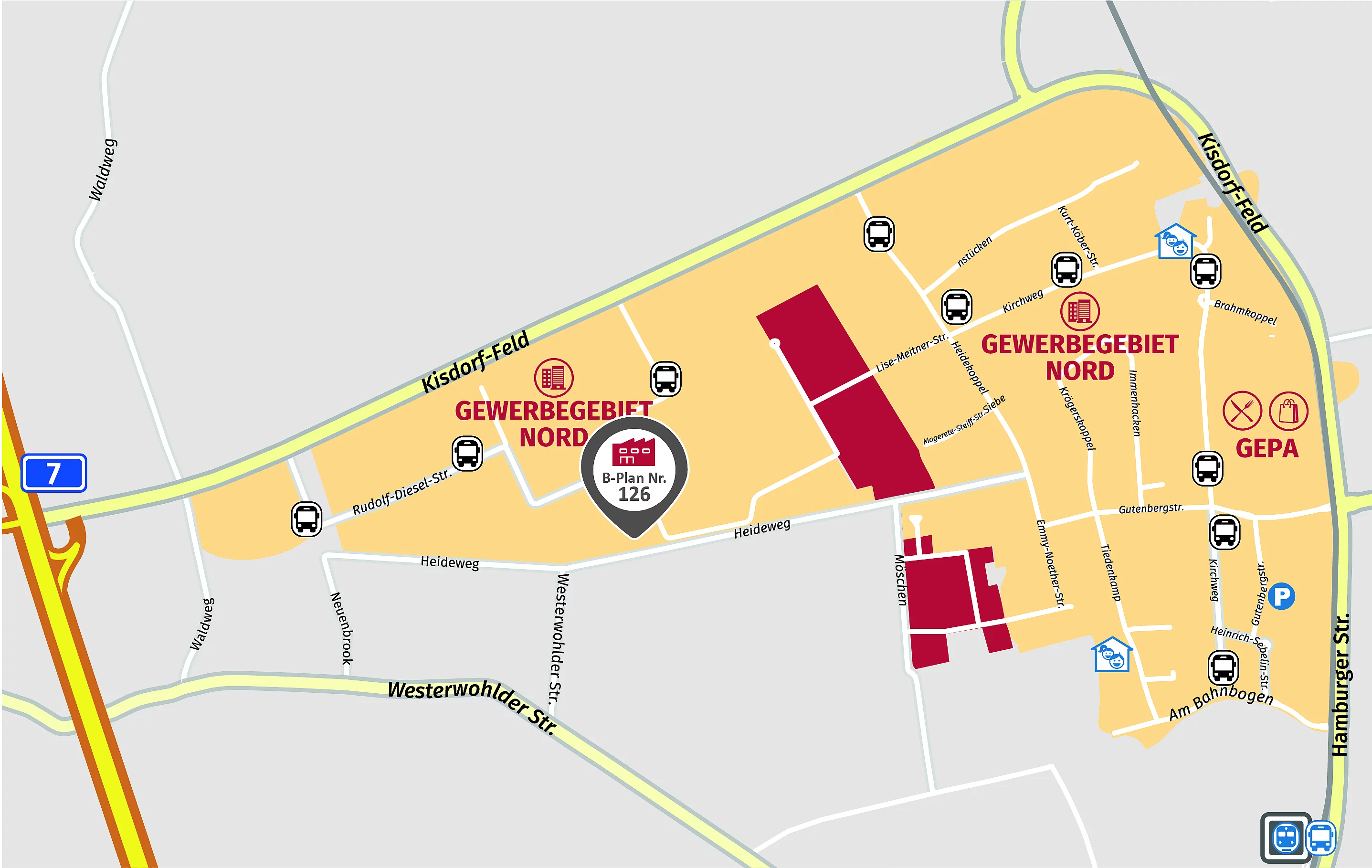 Die Verortung des Gewerbegebietes Lise-Meitner-Straße (B-Plan Nr. 126).