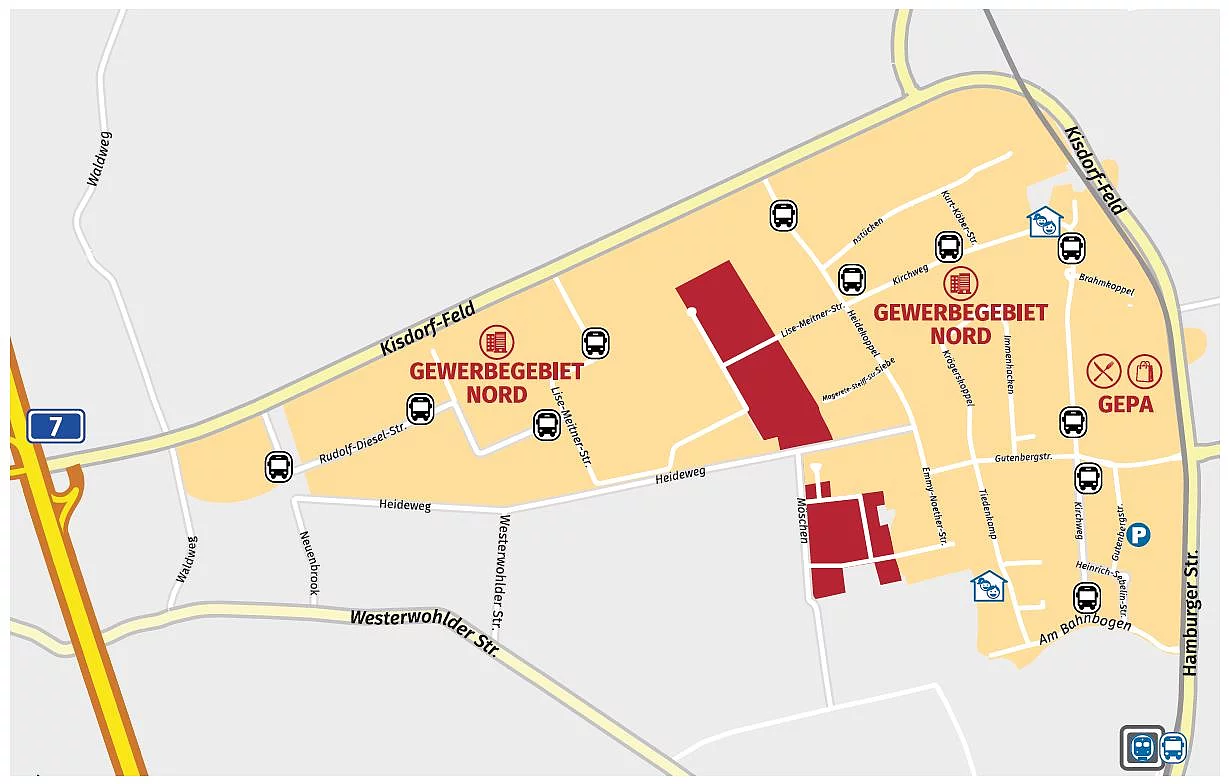 Das Gewerbegebiet Nord liegt direkt an der A7-Abfahrt Henstedt-Ulzburg und ist auch per Bus von der AKN-Station Henstedt-Ulzburg erreichbar.