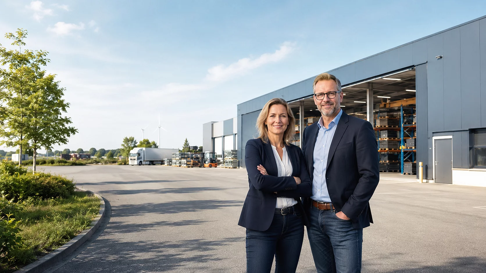 Unternehmerin und Unternehmer vor einer Gewerbehalle.