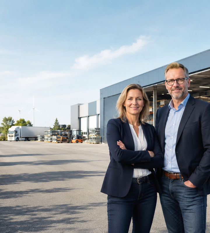 Unternehmerin und Unternehmer vor einer Gewerbehalle.